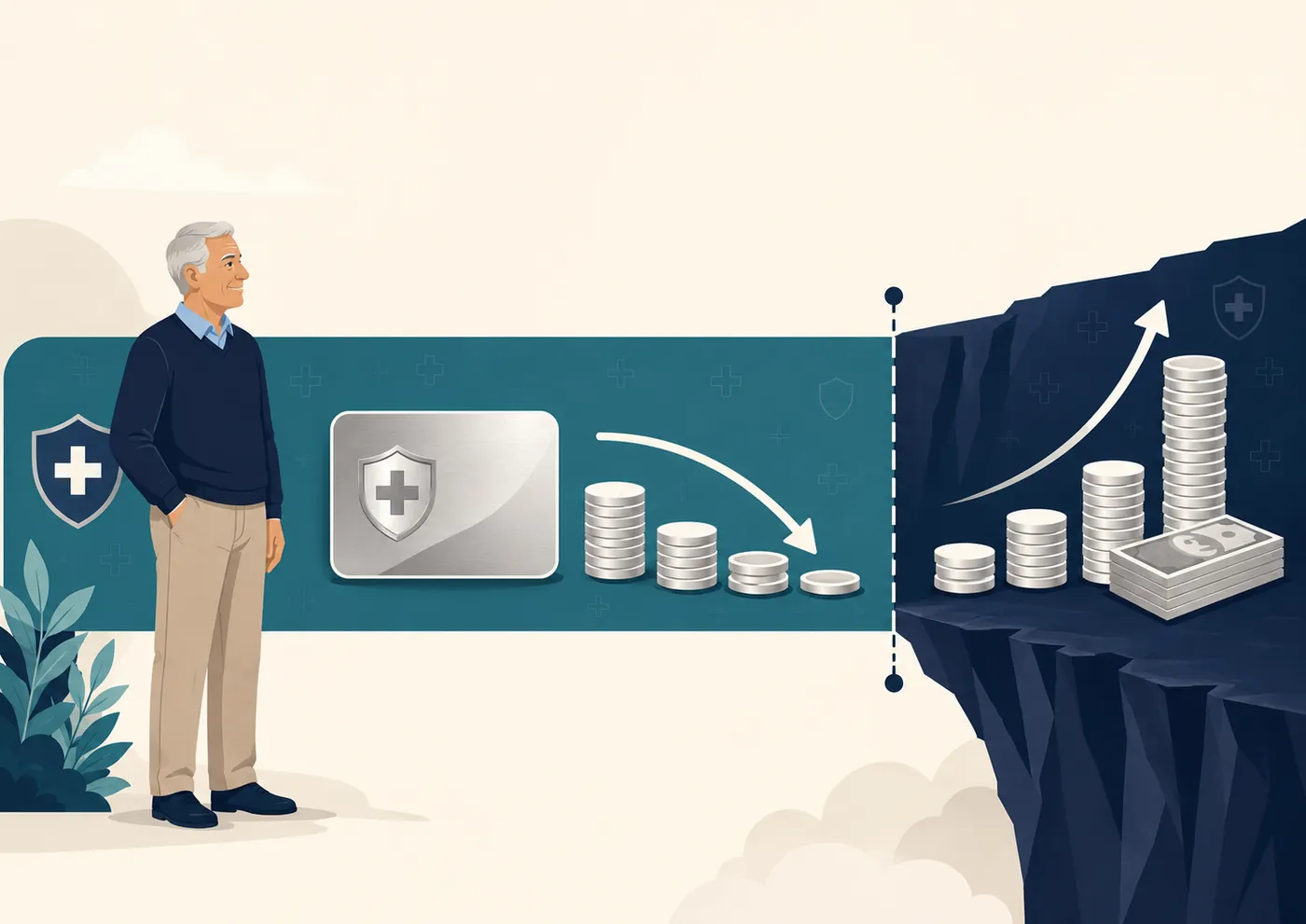 Editorial illustration of the ACA cost-sharing-reduction income band before age 65, with a Silver plan lowering a retiree's deductible and out-of-pocket maximum inside the 100 to 250 percent federal poverty level range.