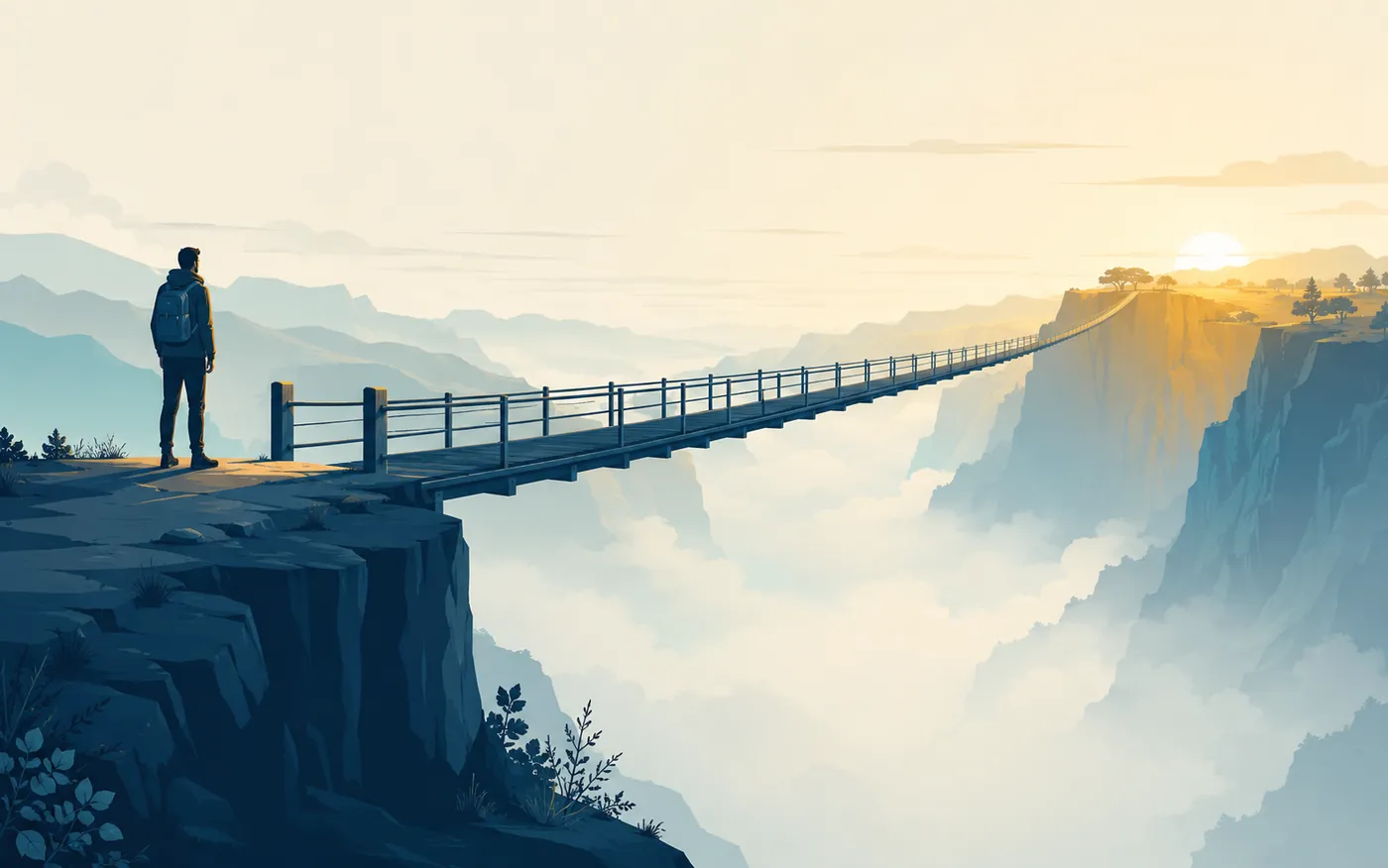 Editorial illustration of a long footbridge spanning a wide gap between two cliffs at dawn, with a figure standing at the near edge and the far side further away than it first appears.
