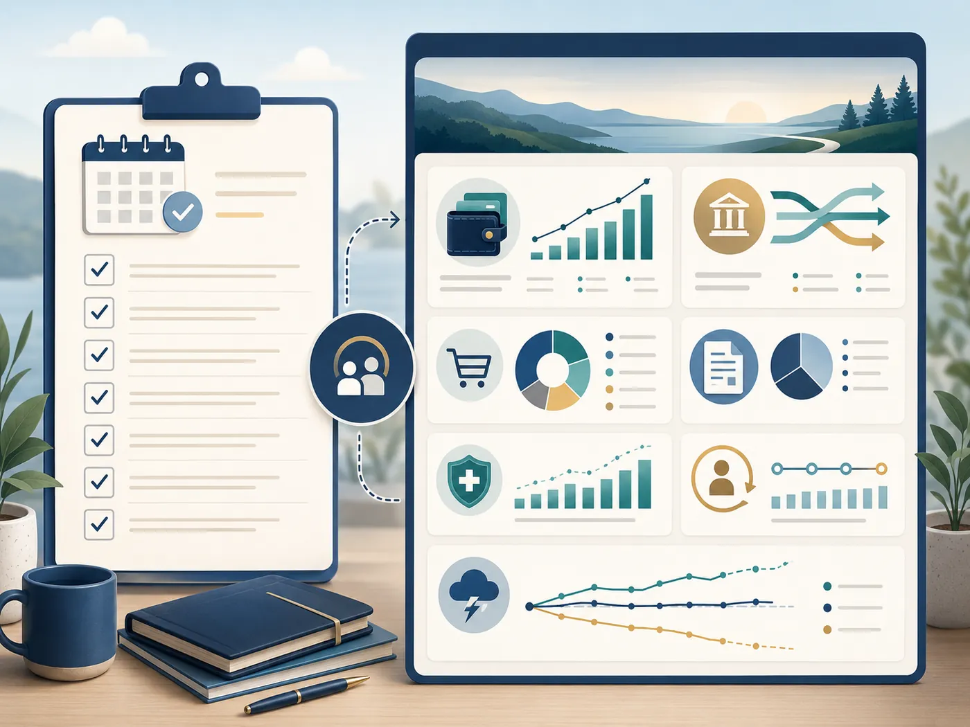 Editorial illustration of a printed annual review checklist beside a retirement dashboard, with the ticked items on the clipboard feeding into cards for balances, income, spending, healthcare, survivor planning, and stress tests.