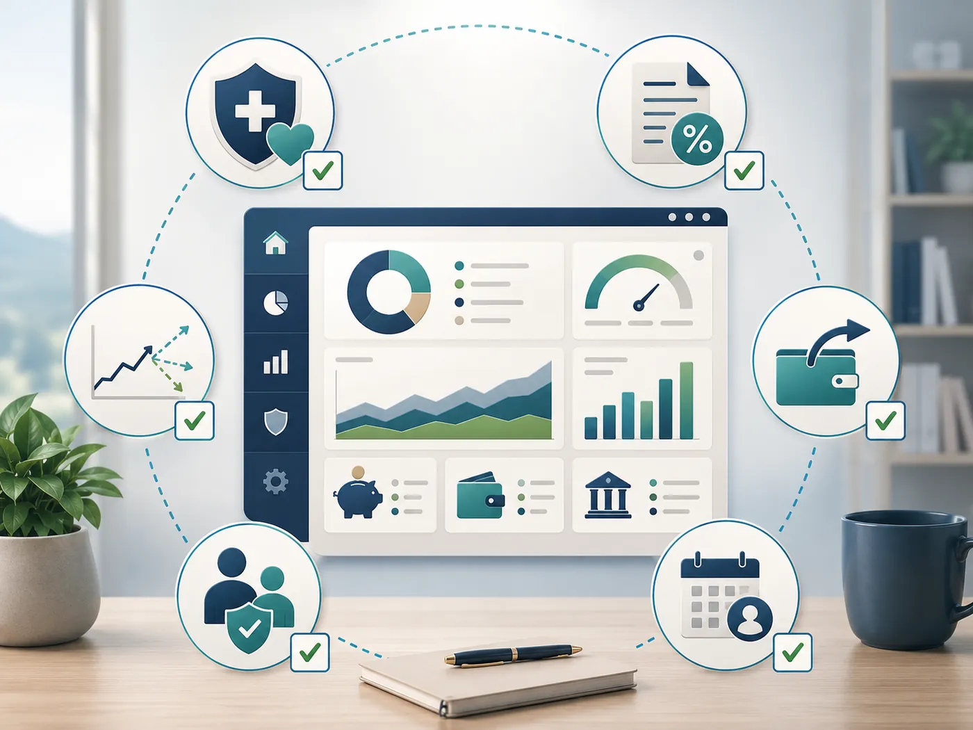 Editorial illustration of a retirement plan surrounded by six ticked review areas, including healthcare, taxes, market returns, survivor planning, withdrawals, and the annual review date.