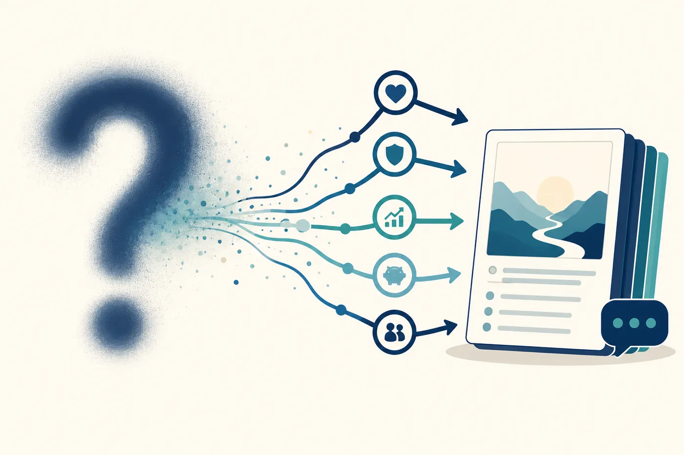 Editorial illustration of a broad vague question sharpening into several specific, phase-based questions aimed at a retirement plan.