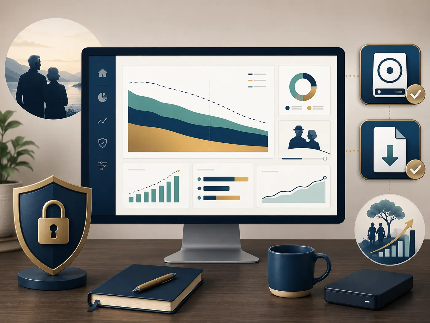Illustration of a private retirement planning dashboard with a padlock shield, an external storage drive, and an export file — representing account-free, locally stored planning.