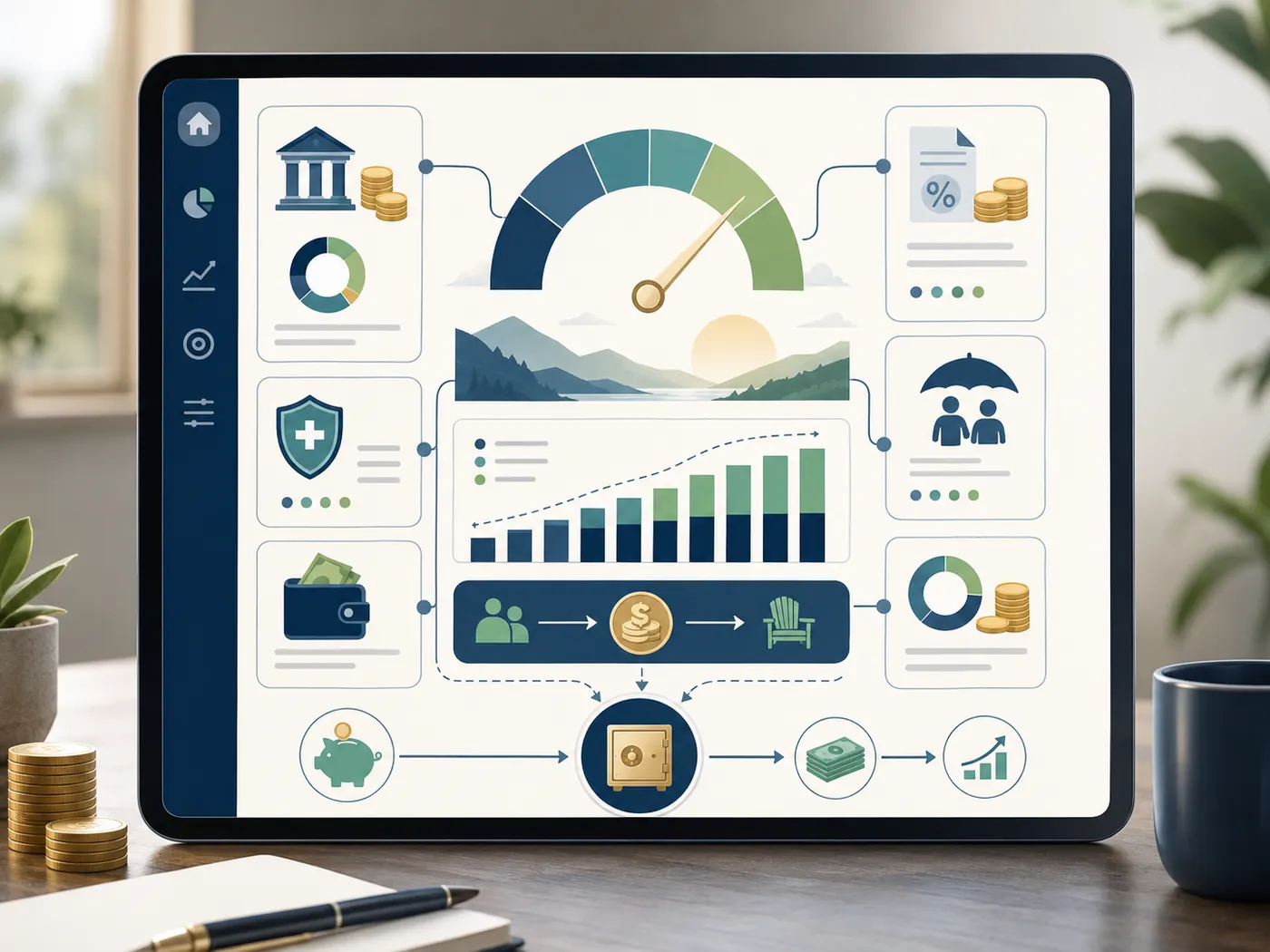 Illustration of a retirement calculator dashboard connecting savings, taxes, healthcare, Social Security, and income projections.