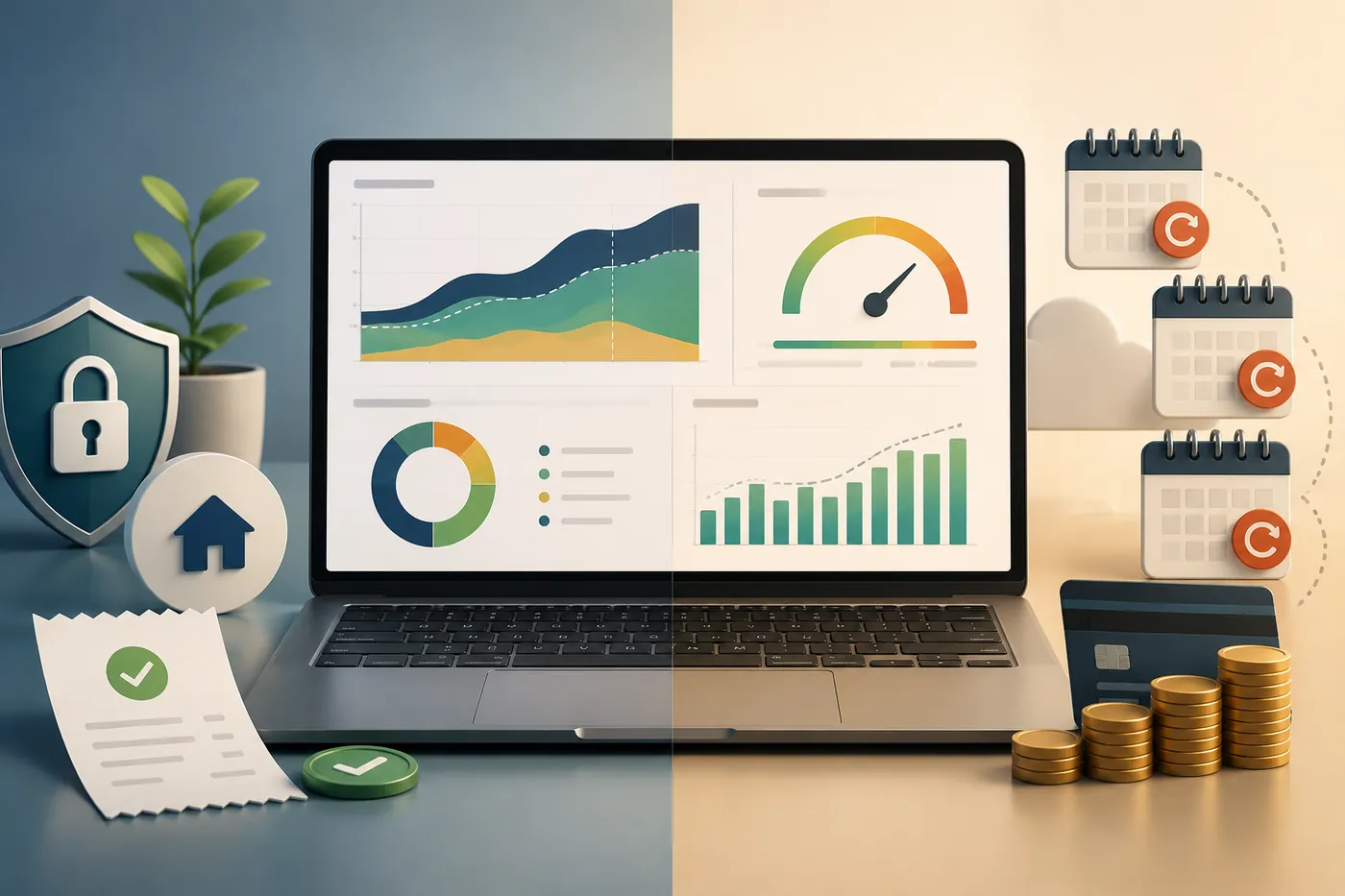 Split illustration contrasting a private, one-time-purchase retirement planner on the left with a recurring-subscription cloud tool on the right.