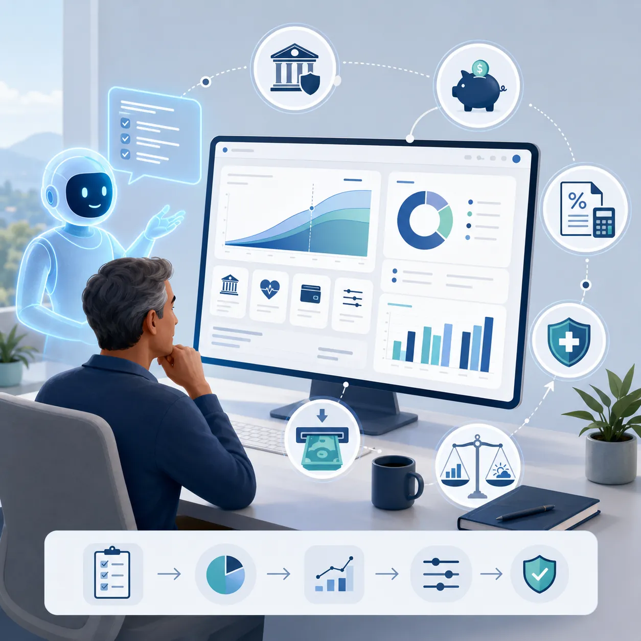 Illustration of a person using an AI assistant alongside a retirement dashboard, with icons for banking, savings, taxes, healthcare, and risk feeding into a planning process.