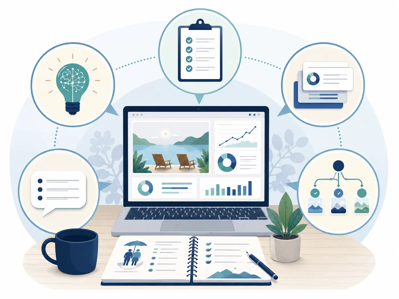 Illustration of retirement planning with AI: a laptop dashboard surrounded by icons for ideas, checklists, summaries, chat, and scenario branches, next to a printed retirement checklist.