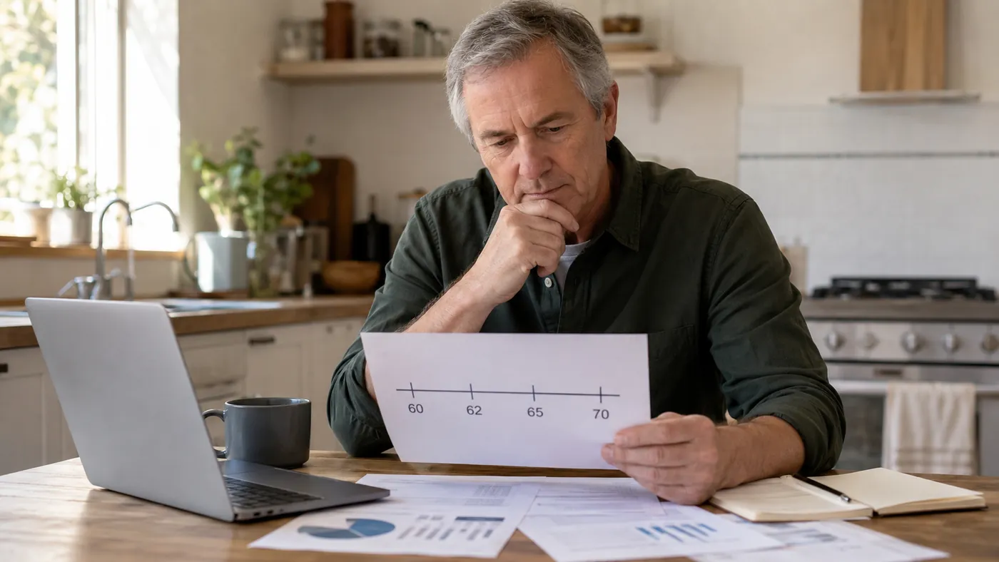 An older man at a kitchen table reviewing a retirement timeline marked at ages 60, 62, 65, and 70 next to a laptop and printouts.