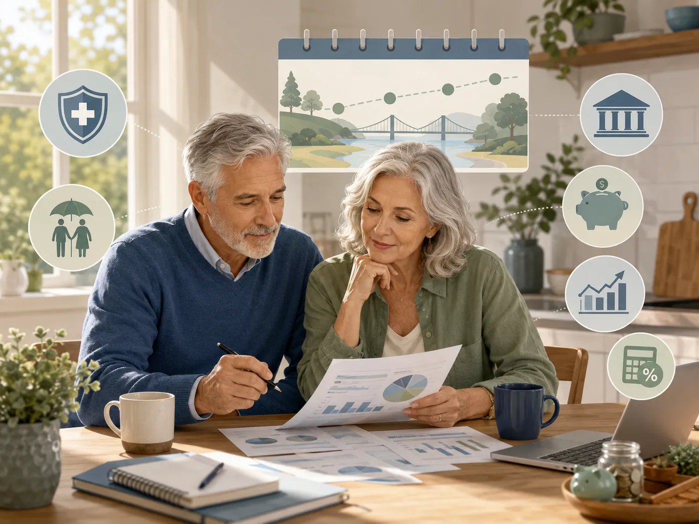 A couple in their early 60s reviewing retirement charts at a kitchen table, with icons for healthcare, family, savings, and a bridge representing the years between 62 and Medicare.