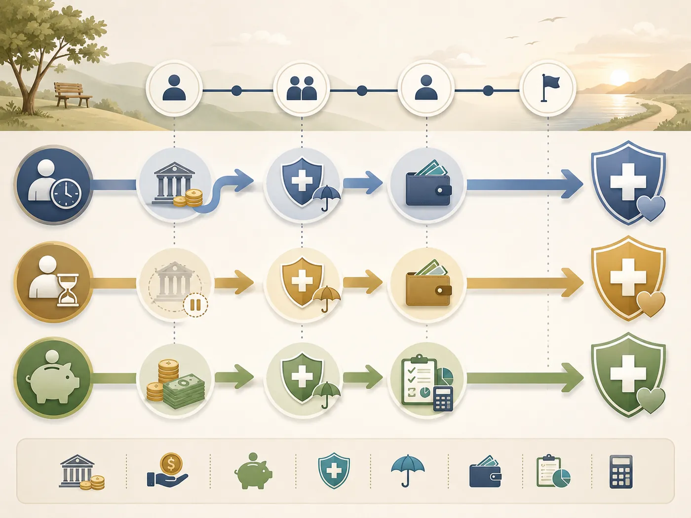 Editorial diagram of three retirement bridge strategies from age 62 to Medicare — claiming Social Security early, delaying it, or using a cash bridge — flowing through savings, healthcare, and income icons.