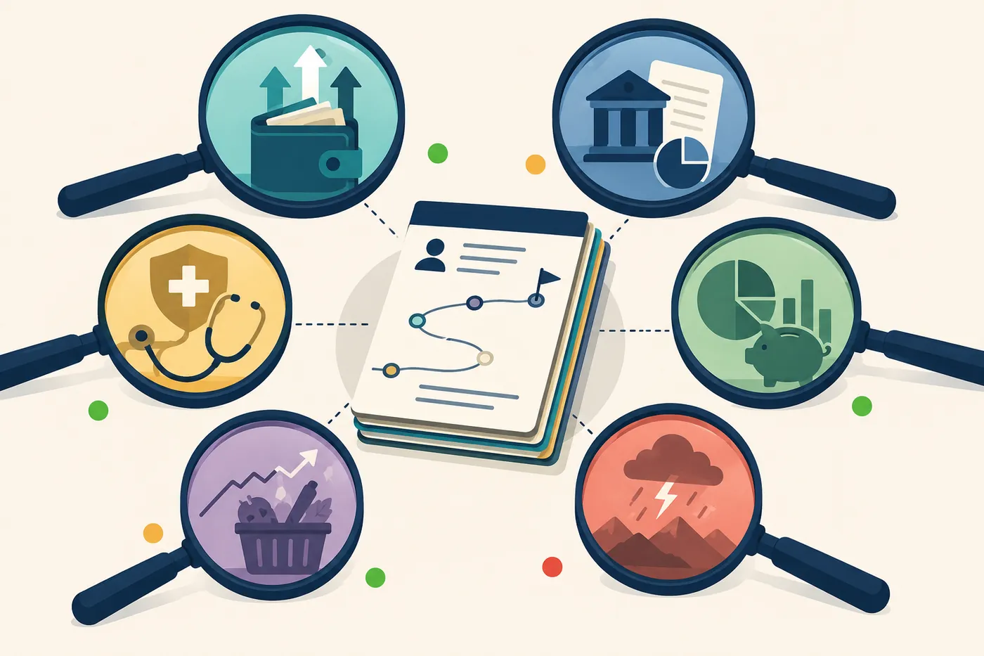 Editorial illustration of a single retirement plan viewed through several lenses at once, each lens labelled with an angle like income, taxes, healthcare, balances, and inflation, with green, amber, and red markers.