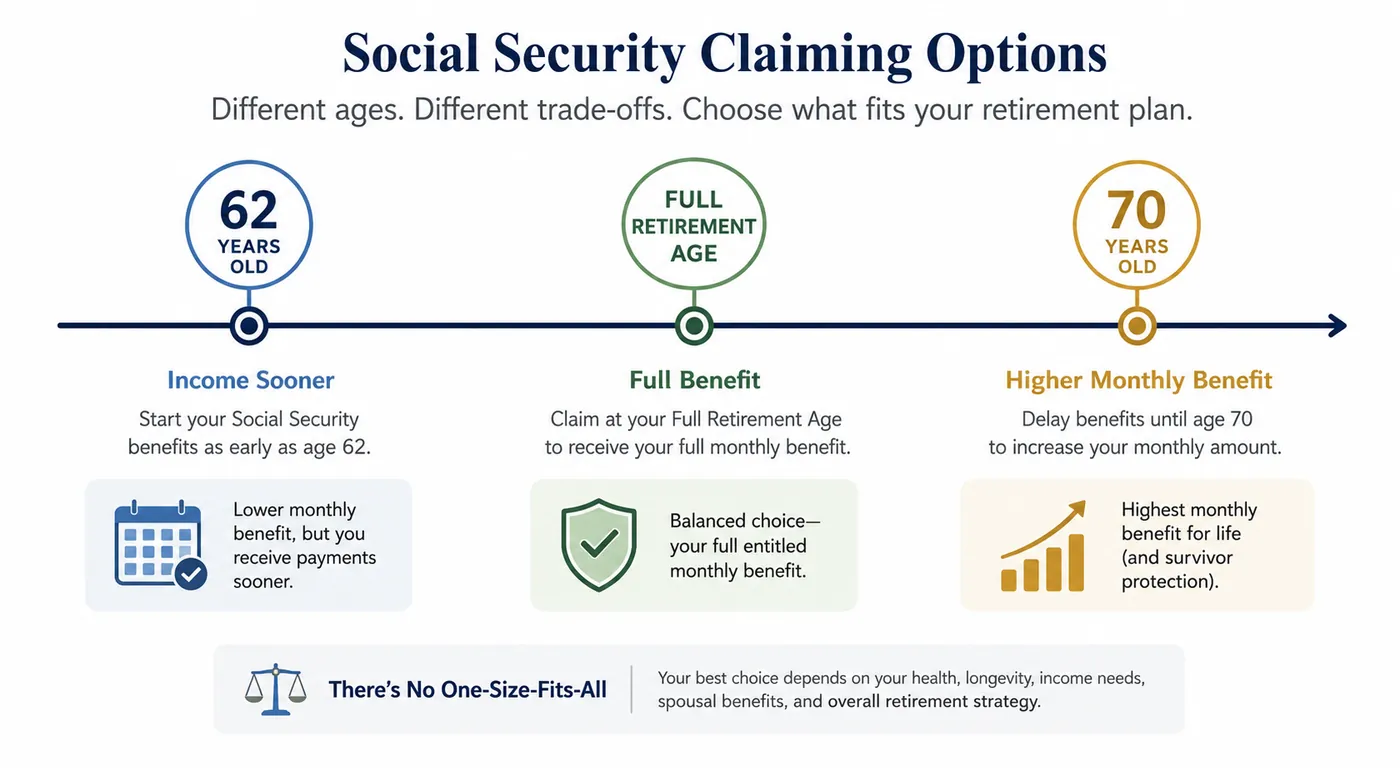Infographic of three Social Security claiming options — age 62 (income sooner, lower monthly benefit), full retirement age (full benefit), and age 70 (highest monthly benefit and survivor protection).