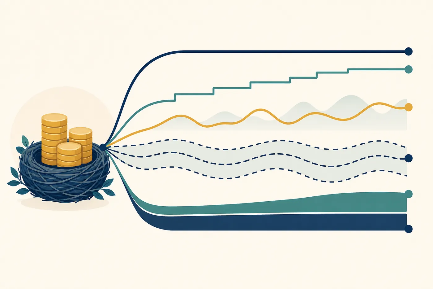Editorial illustration of several retirement withdrawal strategies shown as different paths drawing down from one portfolio, some steady, some stepped, some flexing with the market.