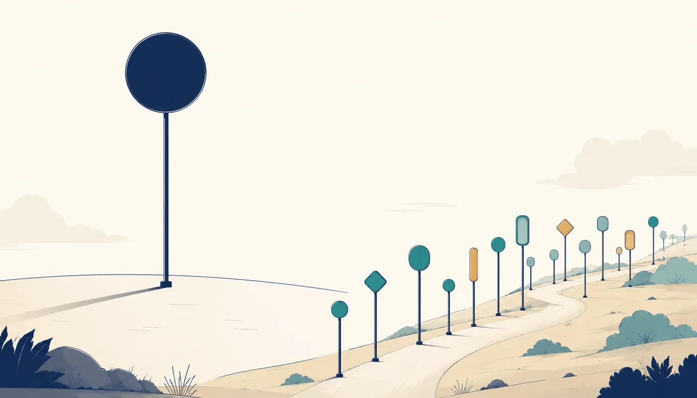 Editorial illustration of one oversized target marker standing alone on a tall post, beside a path marked by many smaller markers of differing heights, none of them matching the single large one.