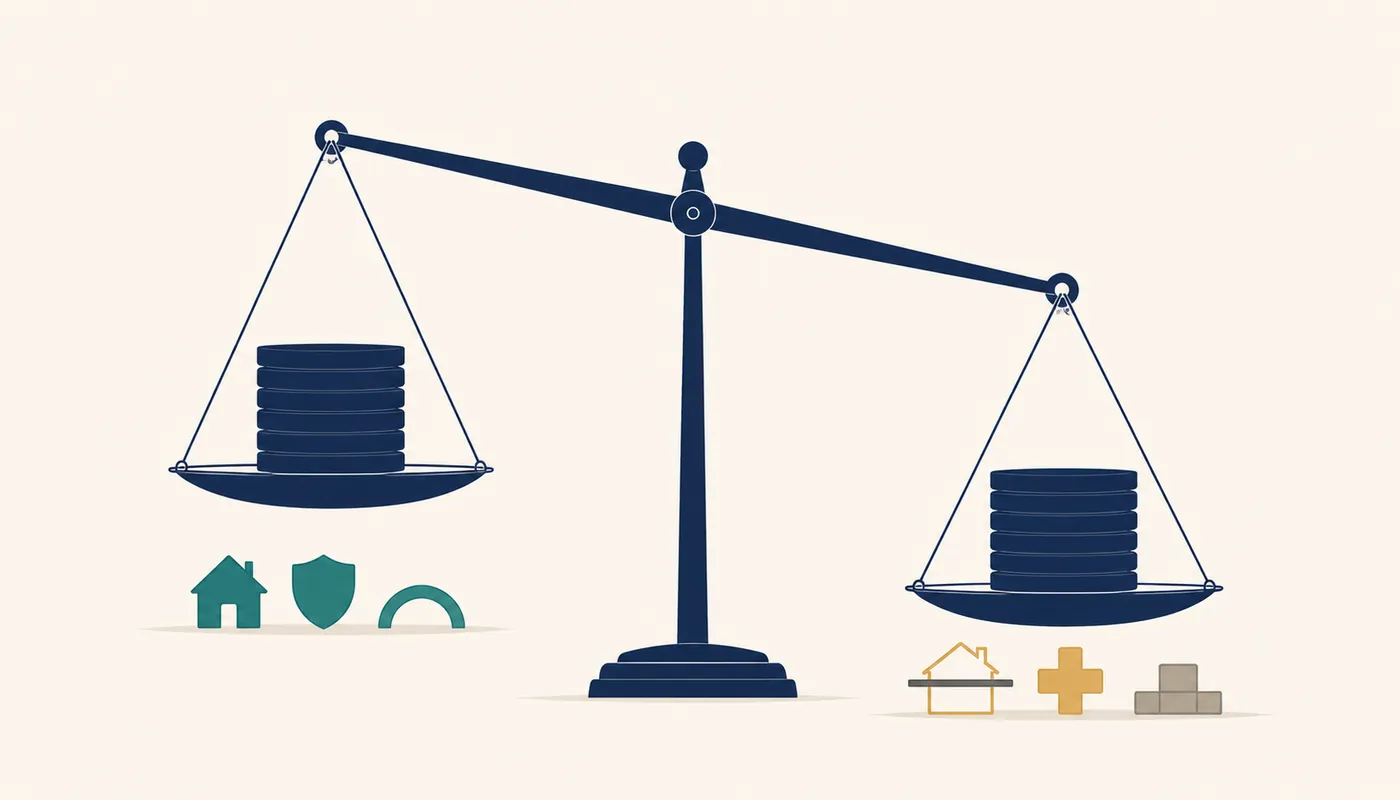 Editorial illustration of a balance scale holding two identical stacks of discs, tipping unevenly because different shapes representing housing, healthcare, guaranteed income and taxes sit beneath each side.