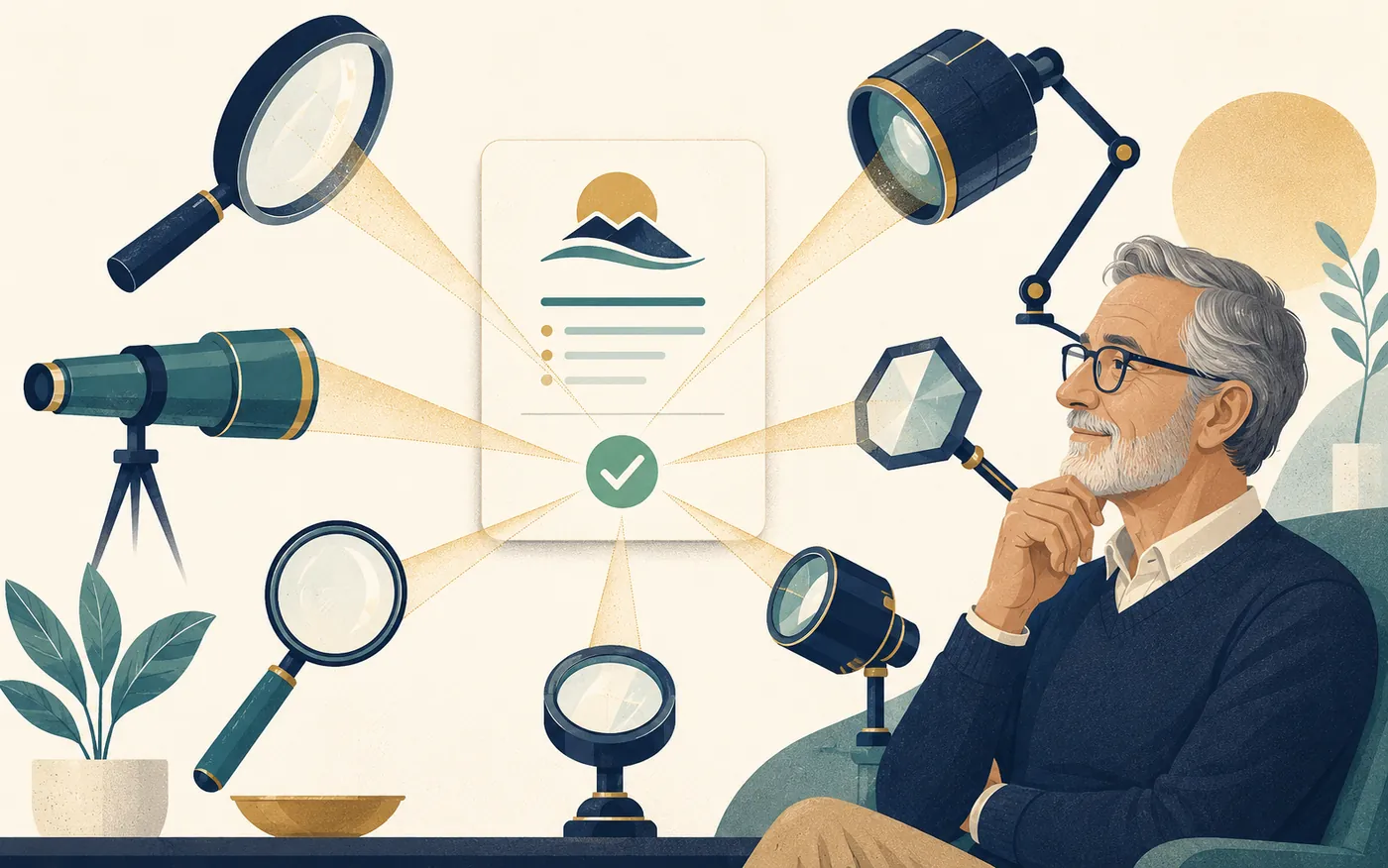 Editorial illustration of a single retirement plan being examined through several different lenses that all converge on the same conclusion.