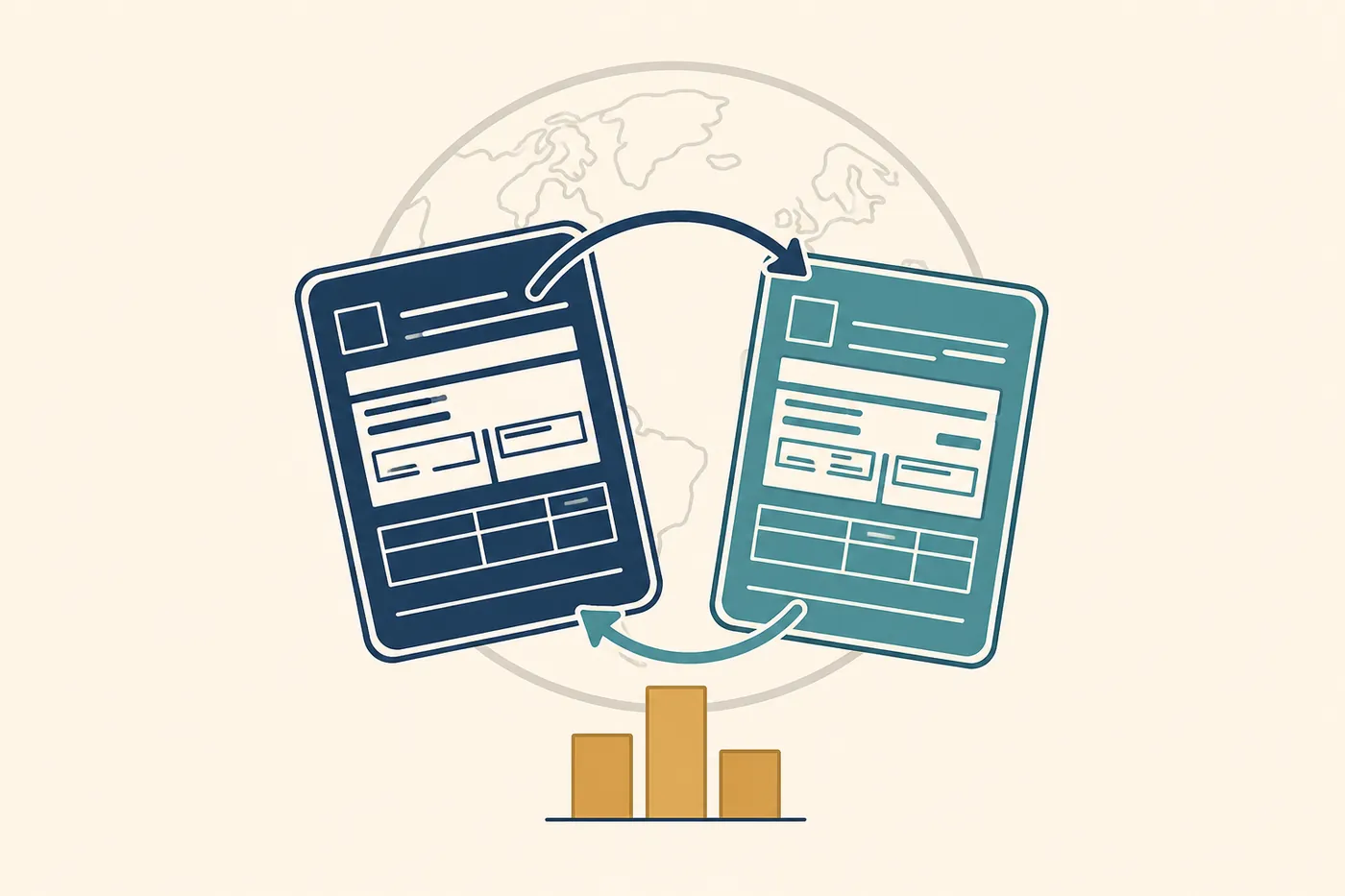 Editorial illustration of two tax forms, one navy and one teal, linked by curved arrows looping between them over a faint globe outline, with three uneven bars beneath, showing the same income reported in two countries.