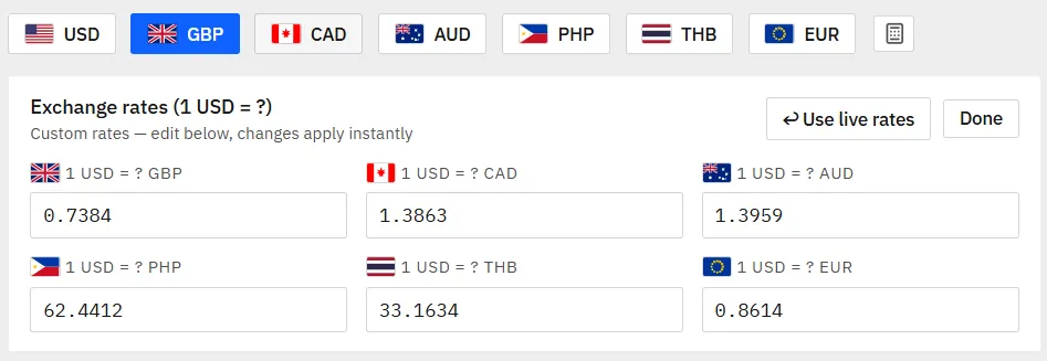 The planner currency selector showing US dollar, pound, Canadian dollar, Australian dollar, Philippine peso, Thai baht and euro, with the pound active and an editable exchange-rate panel below listing custom rates for each currency.