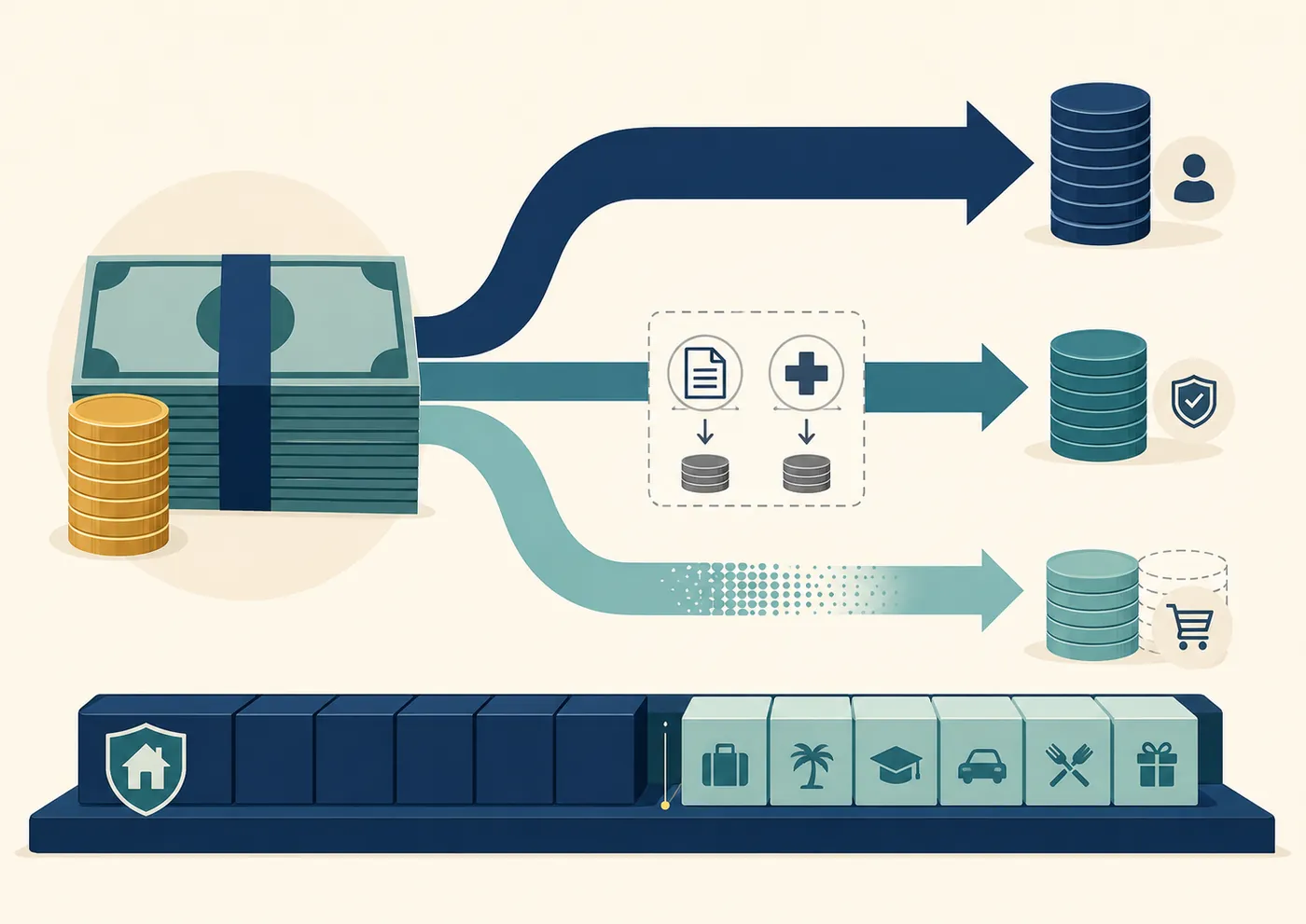 Editorial illustration of a single monthly income figure separating into gross, net, and real income, with a reliable-income floor beneath flexible withdrawals.