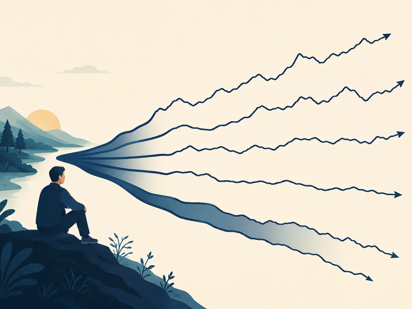 Flat illustration of a man seated on a dark rocky ledge above a lake and mountains, looking toward six jagged navy lines that fan out from a single point, three climbing toward the upper right and three drifting lower, each ending in an arrowhead.