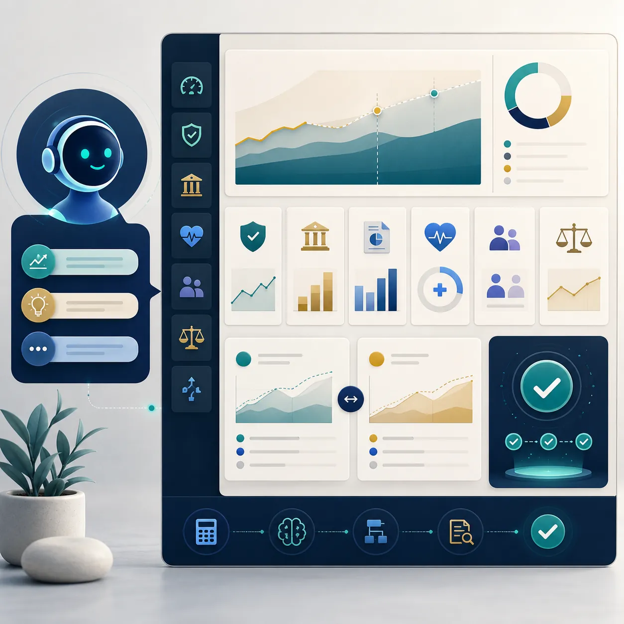 Illustration of an AI co-pilot assistant beside a retirement planning dashboard with charts and plan health cards