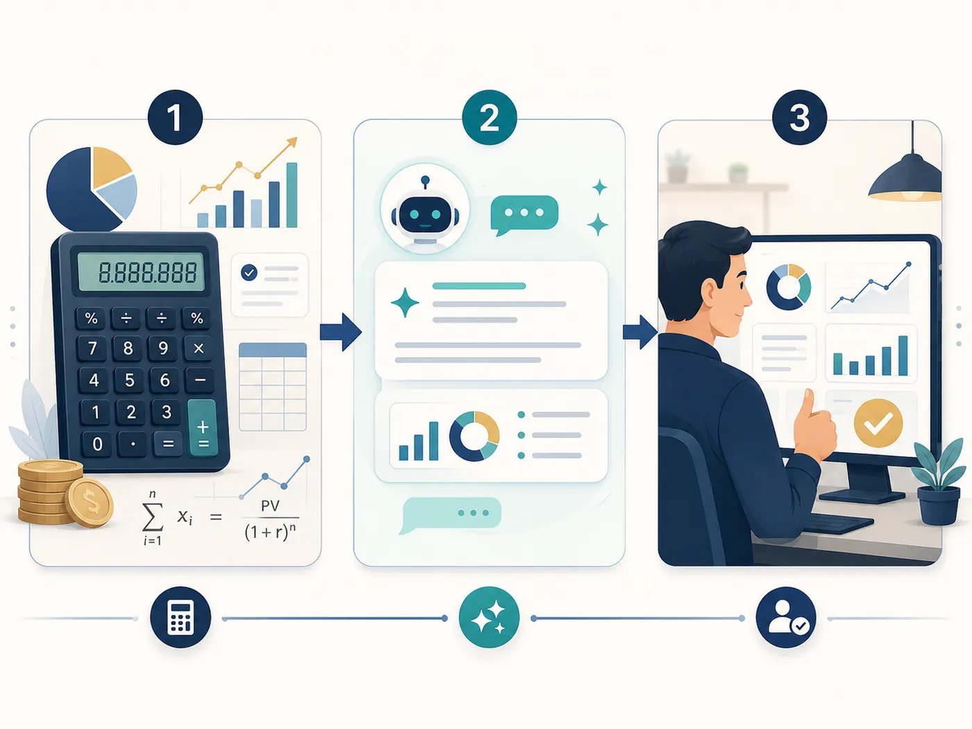 Three-step flow showing a retirement calculator first, then an AI explanation, then user review
