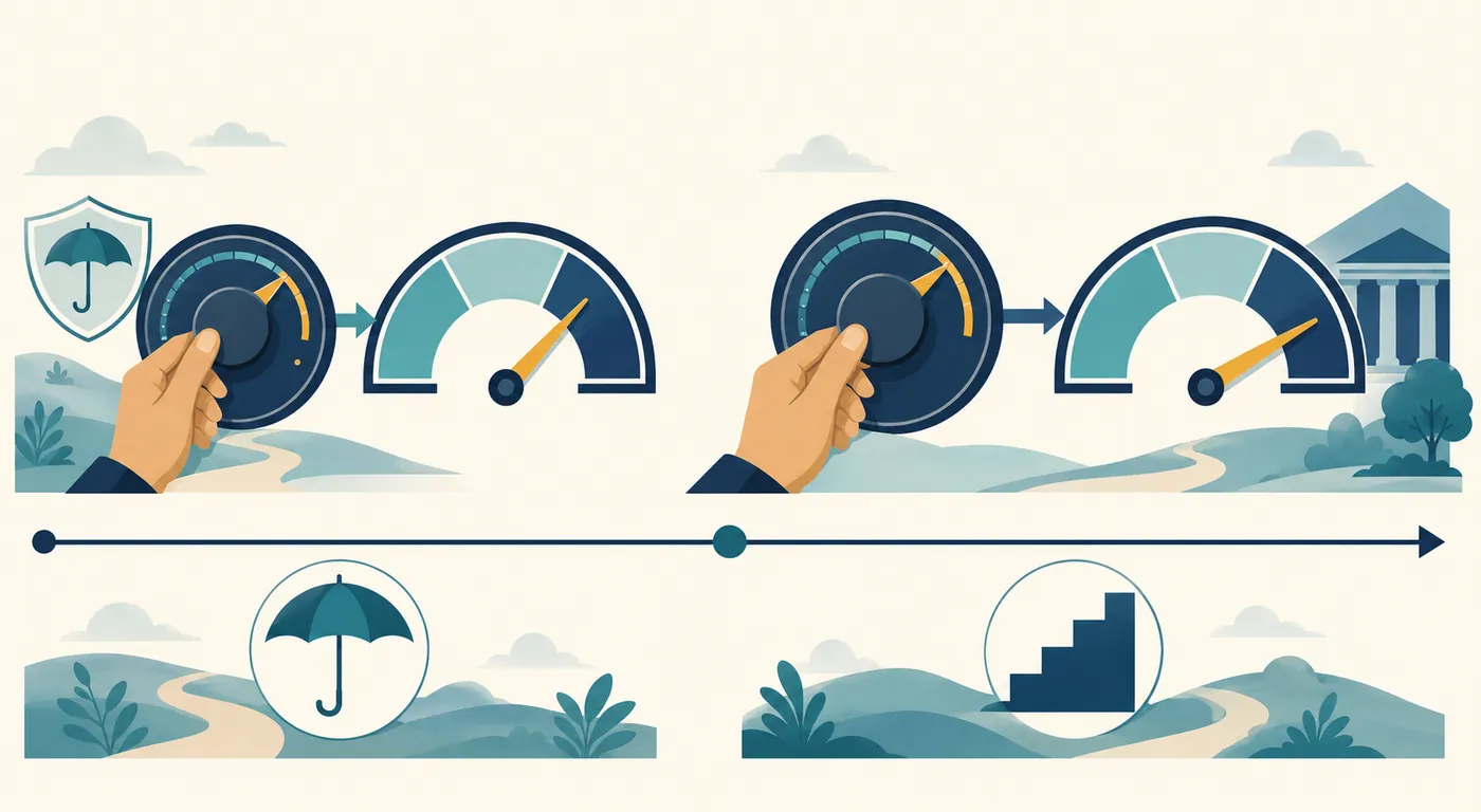 Editorial illustration of a retirement income dial where turning income up nudges a healthcare-cost gauge higher, with an ACA marketplace stage before age 65 and a Medicare stage with an IRMAA step after.