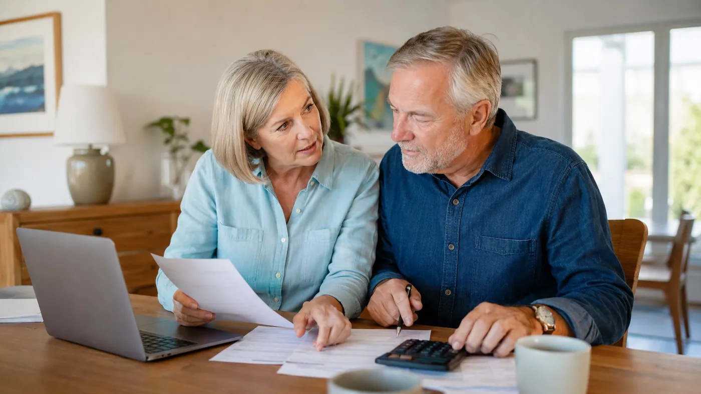 An older couple reviewing retirement finances at home with a laptop, calculator, and paperwork.
