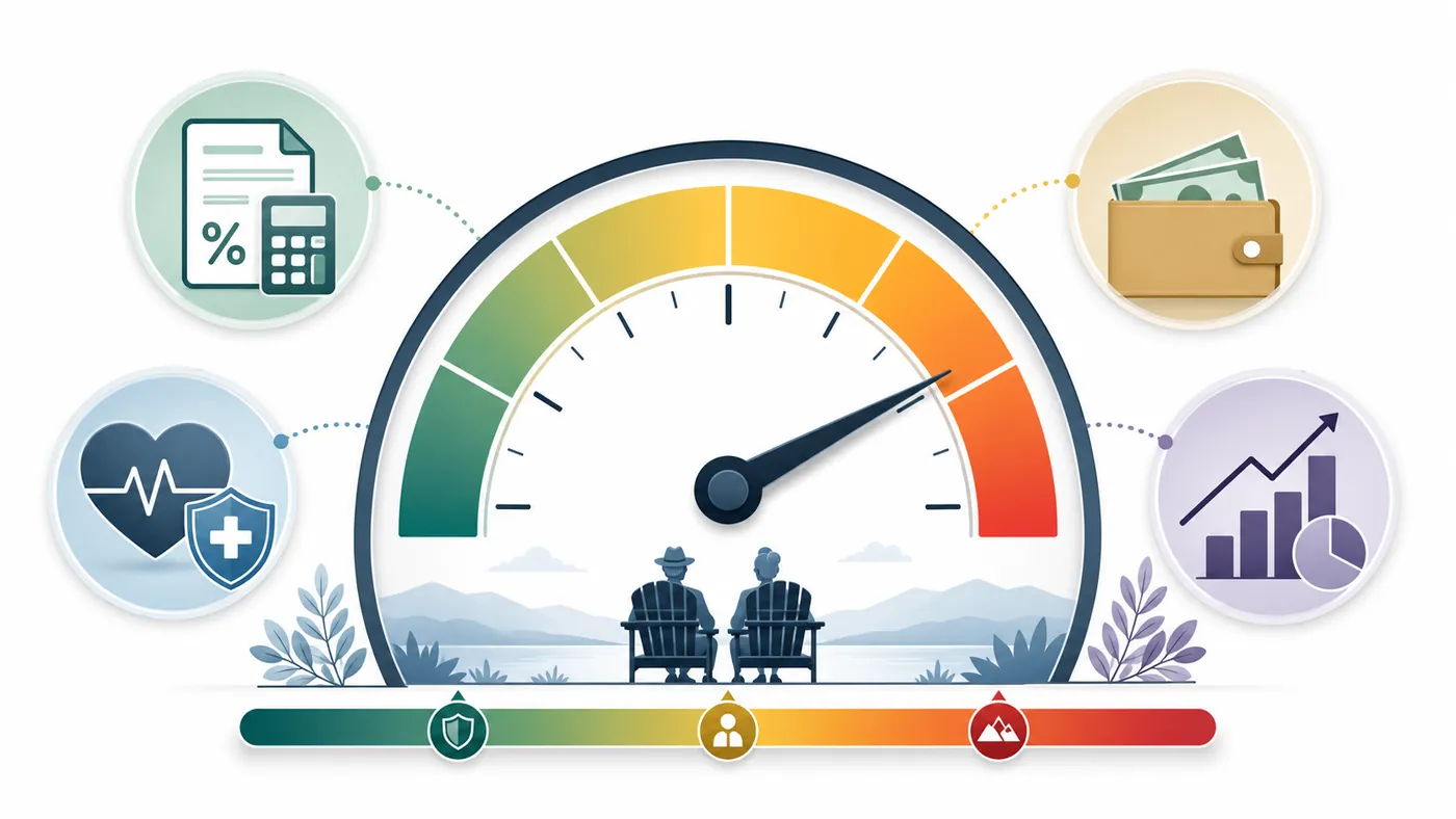 Illustration of a retirement confidence gauge surrounded by taxes, spending, healthcare, and market-growth icons.