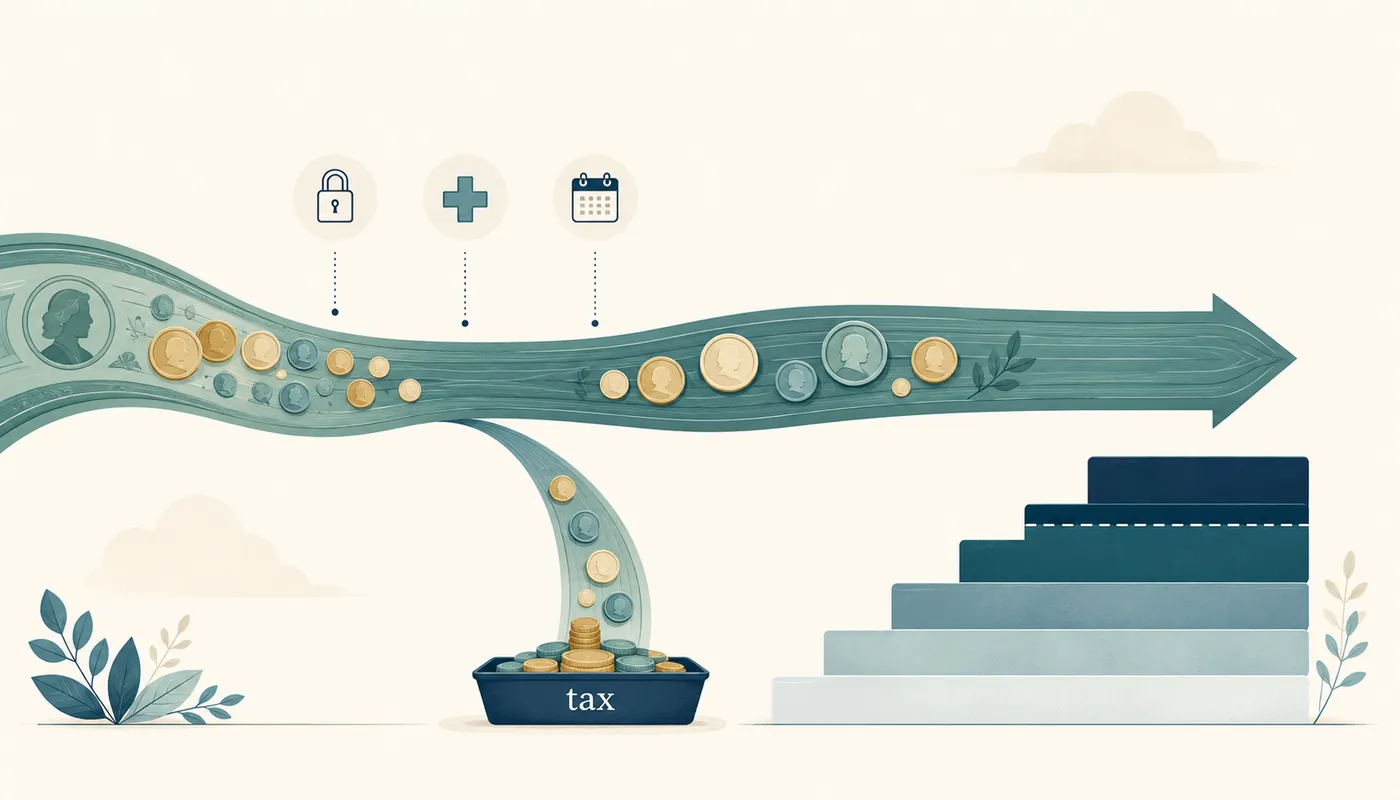 Editorial illustration of a stream of retirement income splitting, with a slice diverted to a tax layer and the rest continuing as spendable income, and a bracket ladder showing lower and higher tax layers.