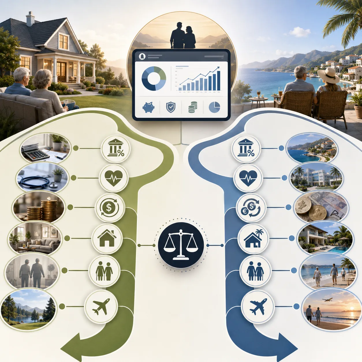 Illustration comparing retiring in the United States versus abroad, with two paths branching from a central balance scale, each showing icons for taxes, healthcare, currency, housing, family, and travel.