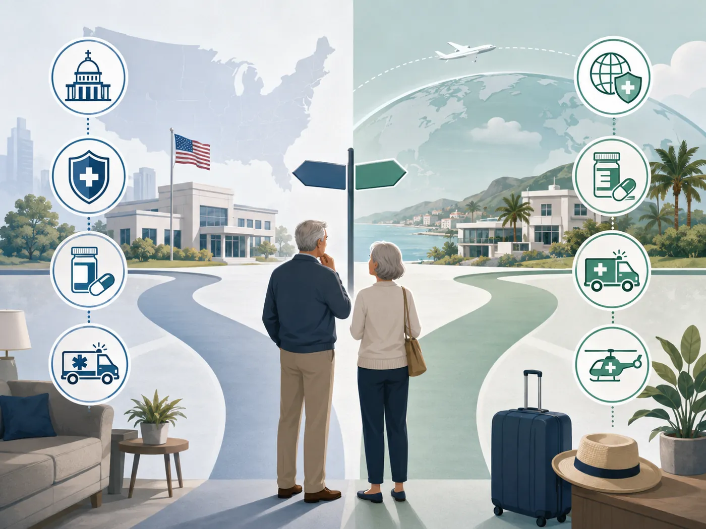 Illustration of a retired couple at a crossroads signpost choosing between a US healthcare path and an abroad healthcare path, with icons for insurance, prescriptions, ambulance care, and medical evacuation.