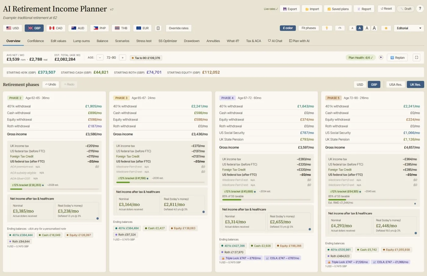 AI Retirement Income Planner Overview tab in UK-resident mode showing a British pound plan with UK income tax, US federal tax before and after the Foreign Tax Credit, US Social Security, and UK State Pension.