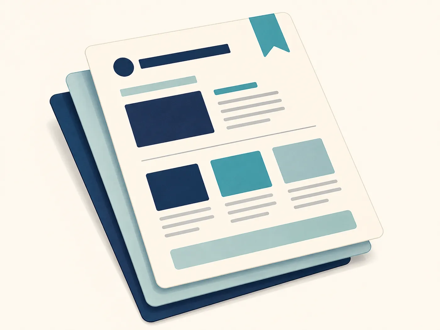 Flat vector illustration of three document sheets stacked at a slight angle on an ivory background. The top sheet is printed with abstract navy and teal blocks and gray text lines laid out as report sections, with a broad teal bookmark ribbon in the top corner; the two sheets beneath it are pale blue and navy.