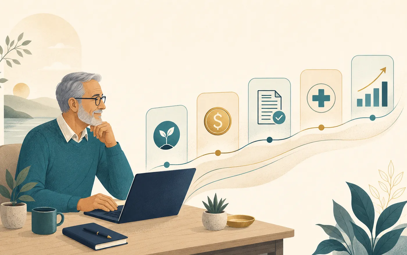 Editorial illustration of a person at a desk building a phased retirement income timeline on screen, with cards for income, taxes, healthcare, and account balances flowing left to right.