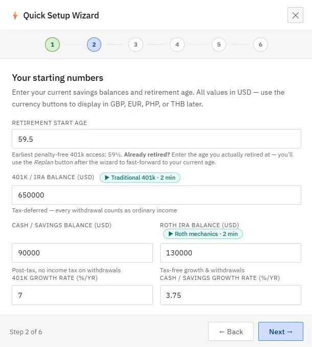 The Quick Setup Wizard open on its first step, asking for current age, retirement age, and starting balances.