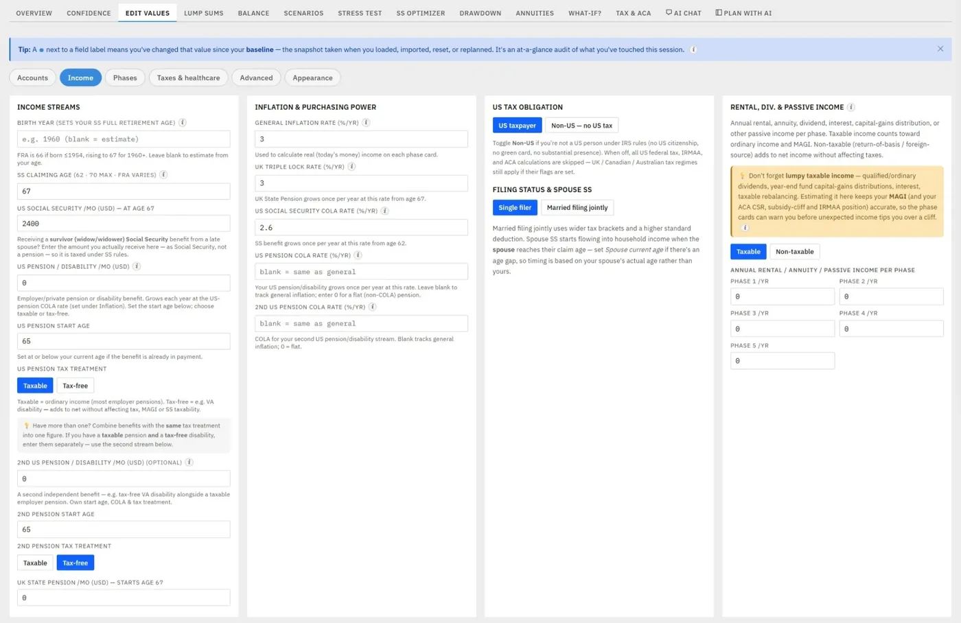 The Edit values tab showing starting balances, growth rates, and income-source fields grouped into sections.