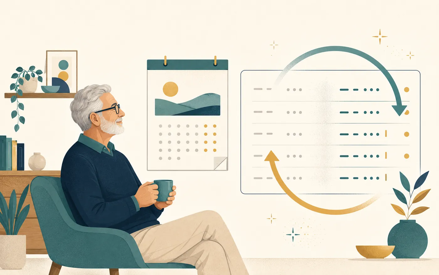 Editorial illustration of a calendar turning to a new year while a set of stale figures is refreshed into current ones.