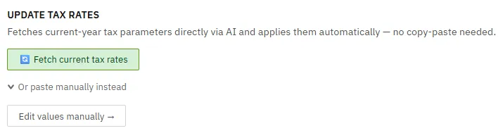 The Fetch current tax rates button and a before-and-after list of the tax values it updated.