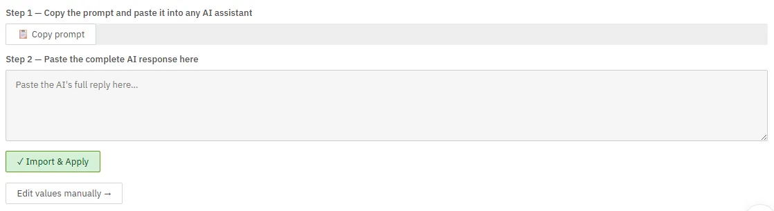 The Import Current Rates section showing the rate research prompt to copy and a box to paste the AI's response back.