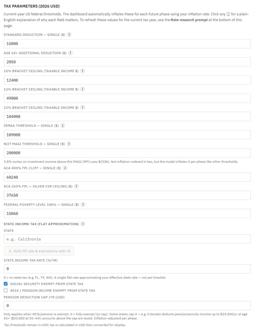The Tax parameters section in Edit values showing the refreshed brackets, deductions, and poverty-level fields.