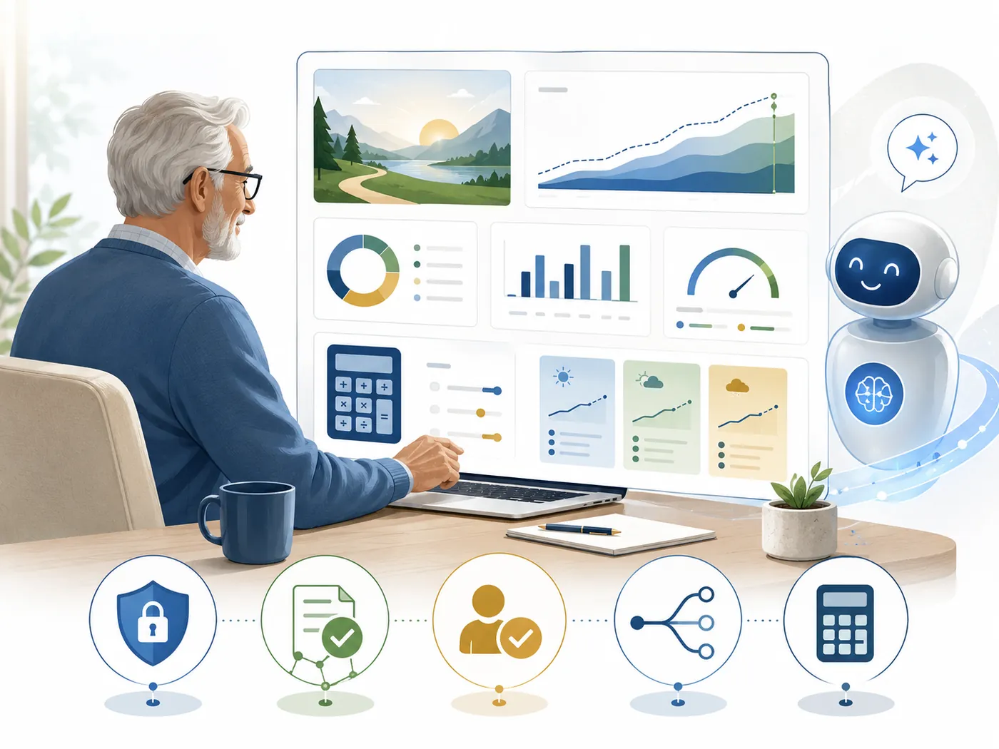 Illustration of an older adult at a laptop reviewing a retirement dashboard with charts and a calculator, an AI assistant robot alongside, and a row of icons for privacy, verification, human approval, scenario testing, and calculation.