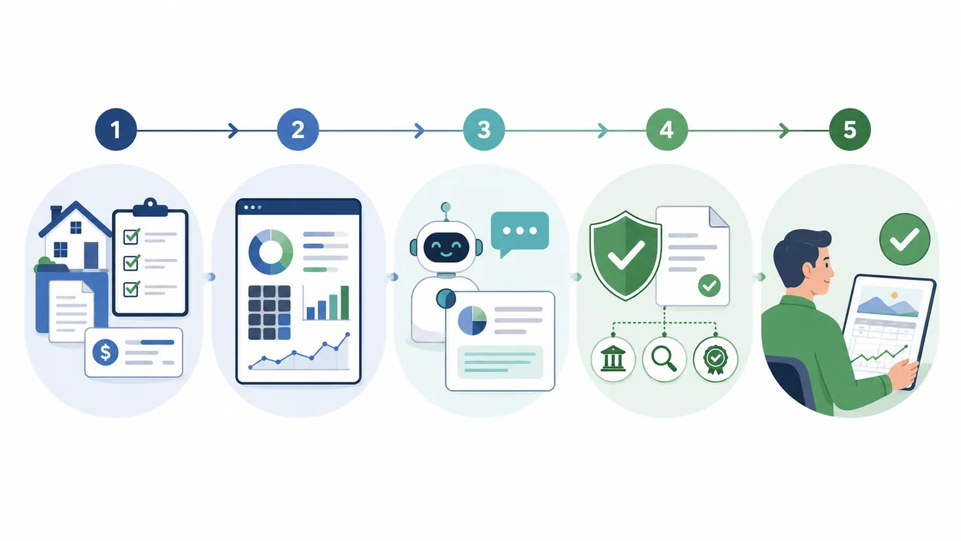 Five-step safe AI retirement planning workflow shown as a numbered sequence: gather facts, run the calculator, let AI explain results, verify with official sources and protect privacy, then review before applying changes.