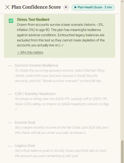 AI Retirement Income Planner Plan Health panel showing a passing Stress Test Resilient check above four greyed-out not-applicable checks: Survivor Income Resilience, CSR / Subsidy Headroom, Income Goal, and Legacy Goal.