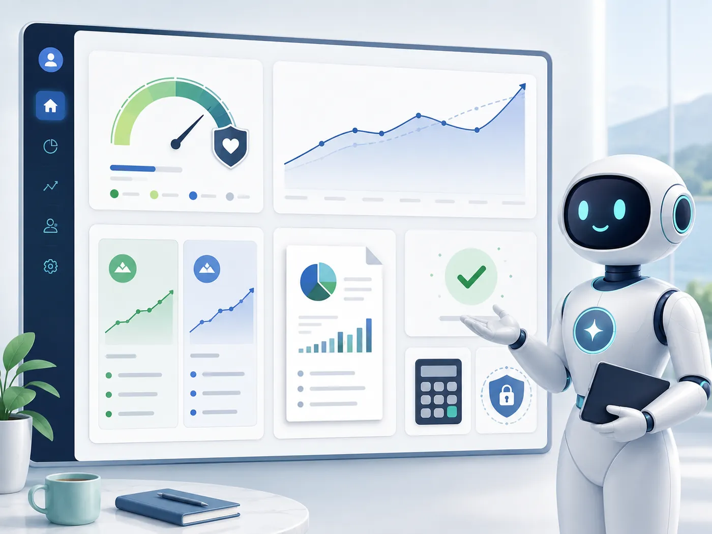 Illustration of an AI assistant presenting a retirement planning dashboard with a confidence gauge, charts, and plan cards