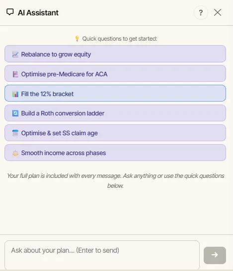 The Plan with AI sidebar showing six quick-start action chips and a box to ask about your plan