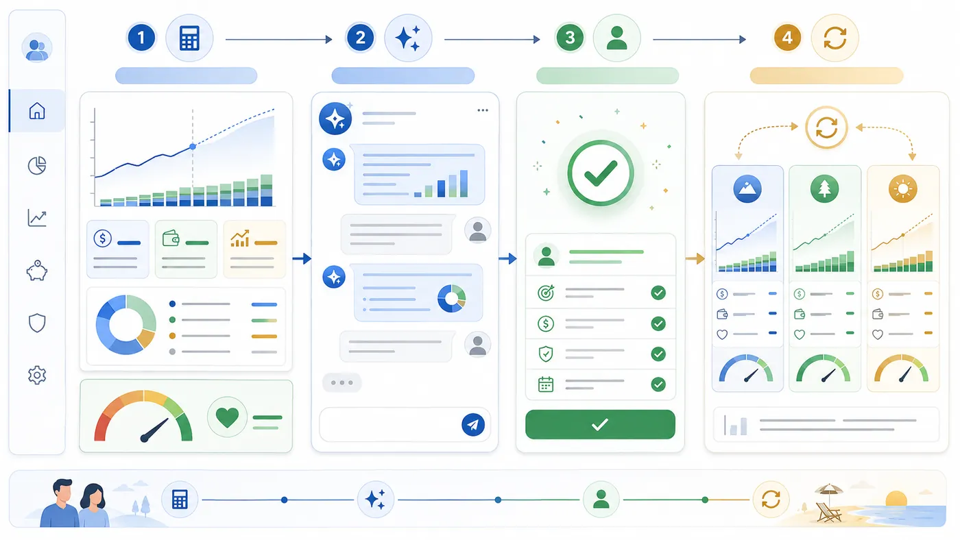 Four-step workflow illustration: calculate the plan, ask AI to explain a result, approve the change, then rerun and compare
