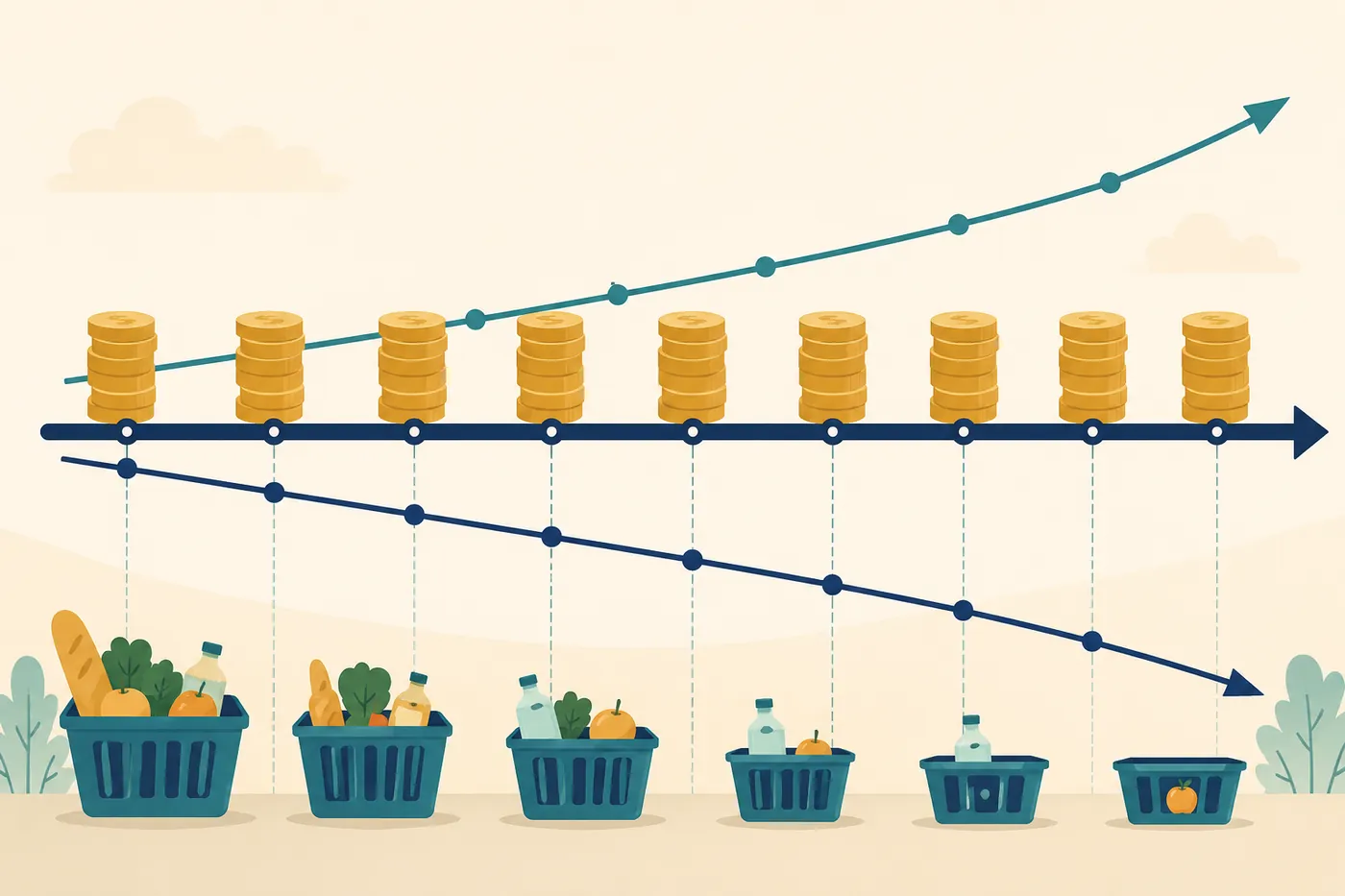 Editorial illustration of a rising stack of coins whose real value shrinks over a timeline, with a steady dollar figure on top and a smaller shopping basket beneath it to show falling purchasing power.