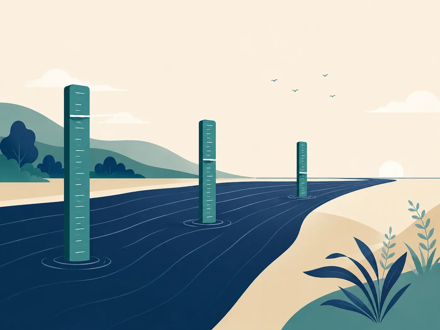 Editorial illustration of a navy river of retirement income narrowing as it flows to the right, with three slender teal gauge posts standing in it, each marked at a lower level than the last.