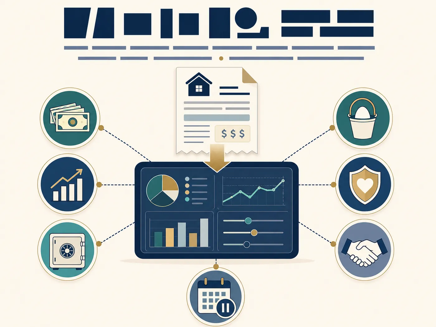 Illustration of one large expense landing on a retirement plan: an invoice carrying a house icon and a dollar box, a gold arrow drawing it down into a dark navy panel of charts and sliders, and seven circular icons ringed around it for the ways it might be met, including banknotes, a rising bar chart, a safe, a reserve bucket, a shield, a handshake and a calendar marked with a pause.