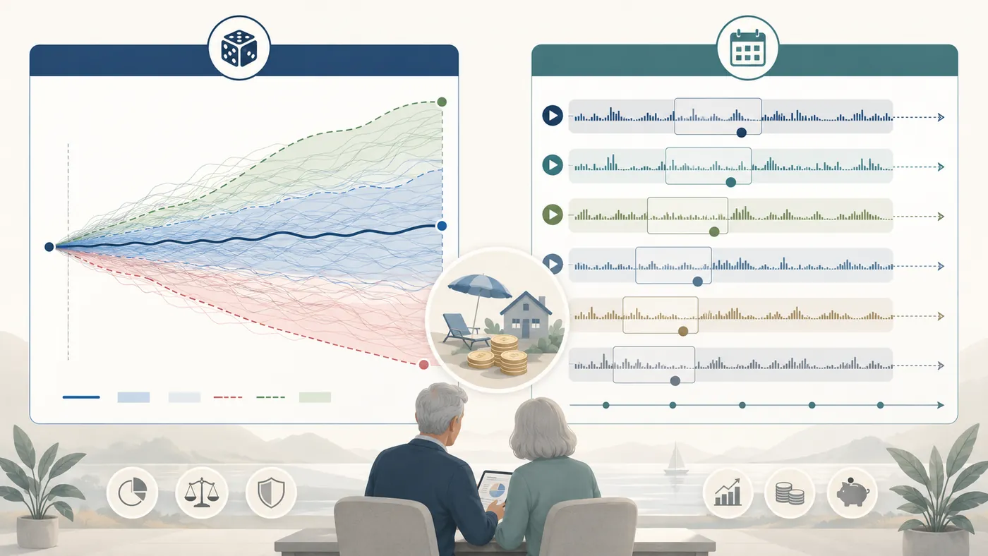 Illustration of a couple comparing Monte Carlo simulation paths and historical market charts for a retirement plan.